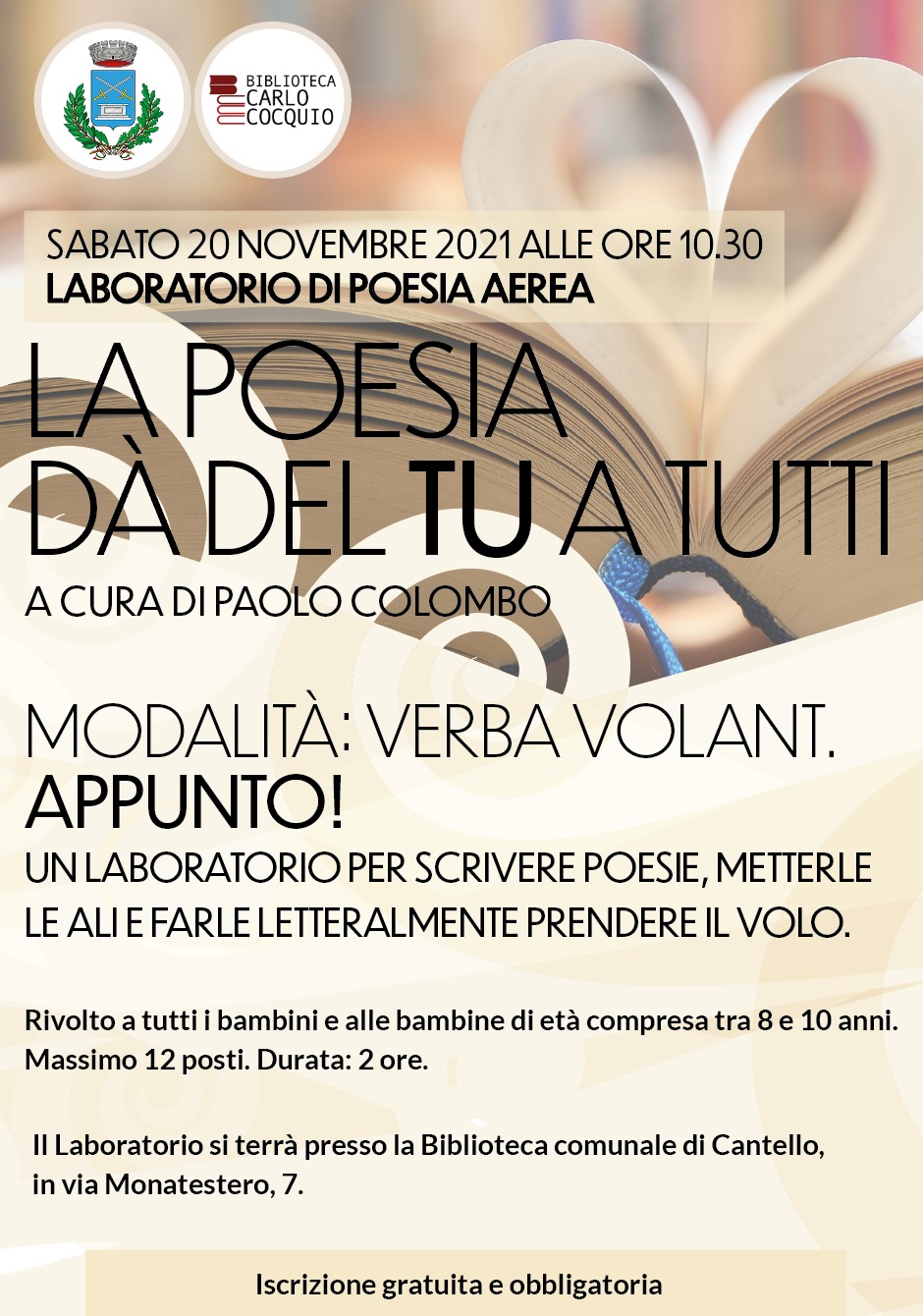 La poesia da\' del tu a tutti. Laboratorio di poesia aerea. Sabato 20 novembre 2021 alle ore 10.30